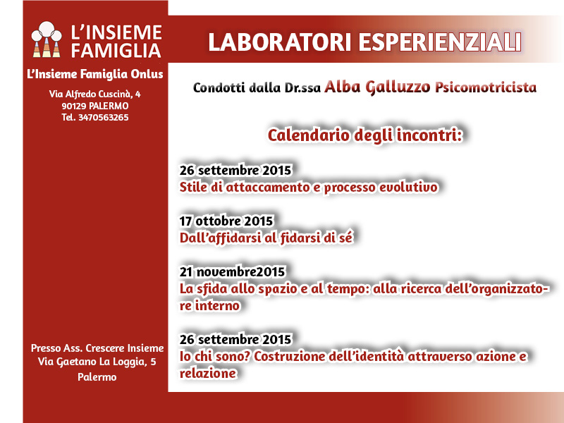 Laboratori esperienziali 2015 Condotti dalla Dr.ssa Alba Galluzzo Psicomotricista. Calendario degli incontri
